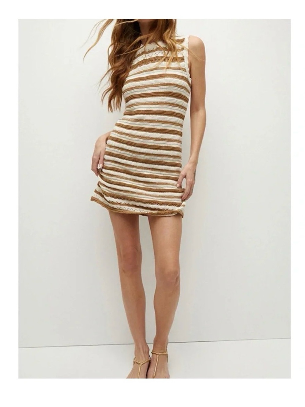 Veronica Beard Sleeveless Striped Knit Mini Dress in Cream and Brown